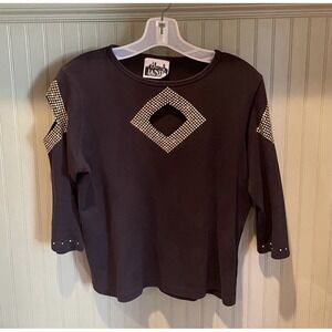 Vintage Y2K Womens Top Size Small Black Gold Rhinestone Shoulder & Chest Cutouts